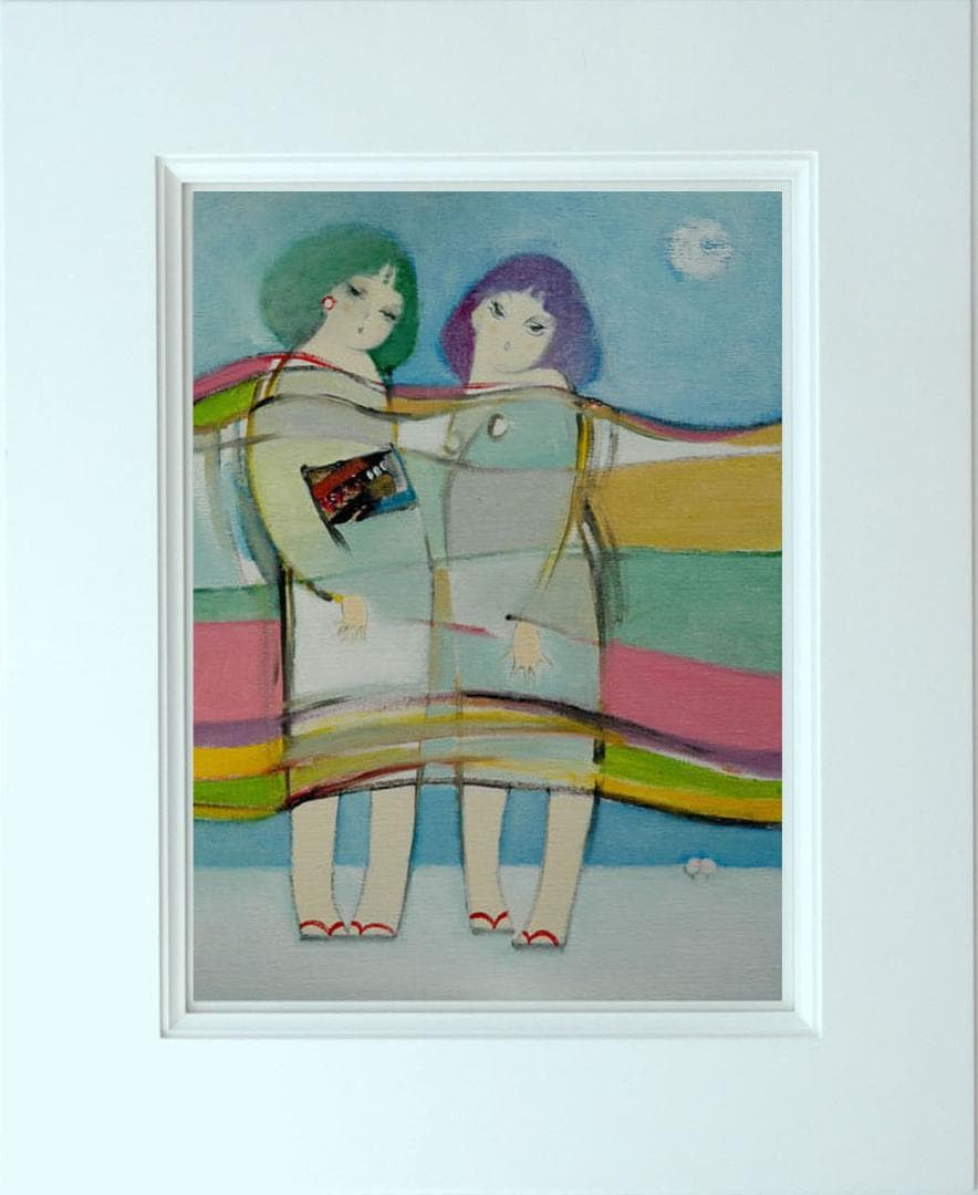 油絵 菅家令子 絵 絵画インテリア額付(青緑＋金色の枠)F6-083711 子供