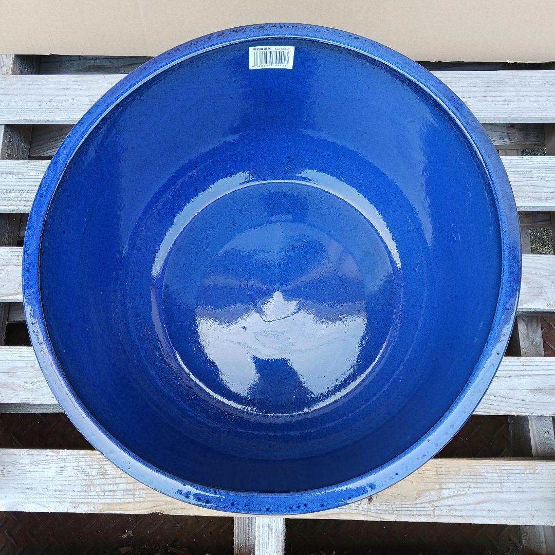 新品　∅49　特大　陶器　睡蓮鉢　手造り　メダカ鉢　難有　ラピスブルー　青LDB