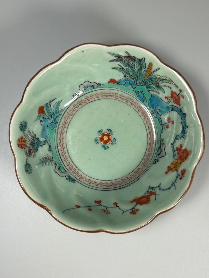 古伊万里　江戸青磁　柿右衛門手　青磁五弁花梅文様膾皿　五点　なます皿　菊　岩赤絵