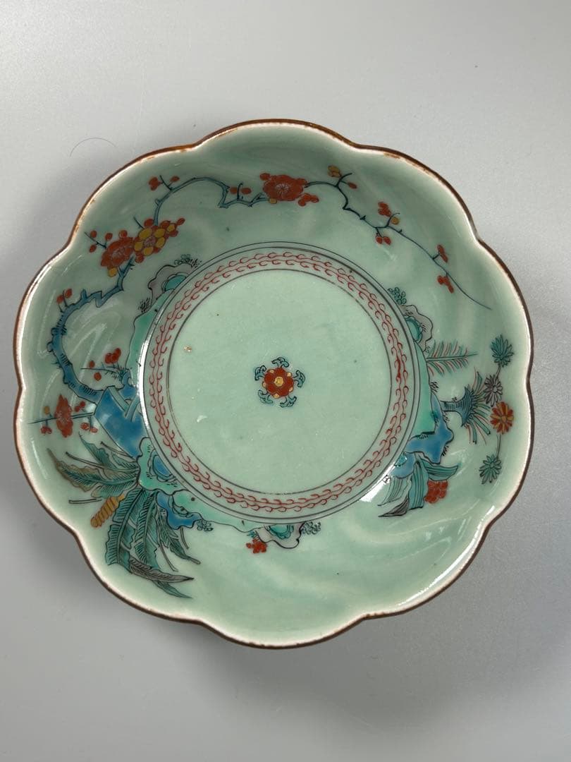 古伊万里　江戸青磁　柿右衛門手　青磁五弁花梅文様膾皿　五点　なます皿　菊　岩赤絵