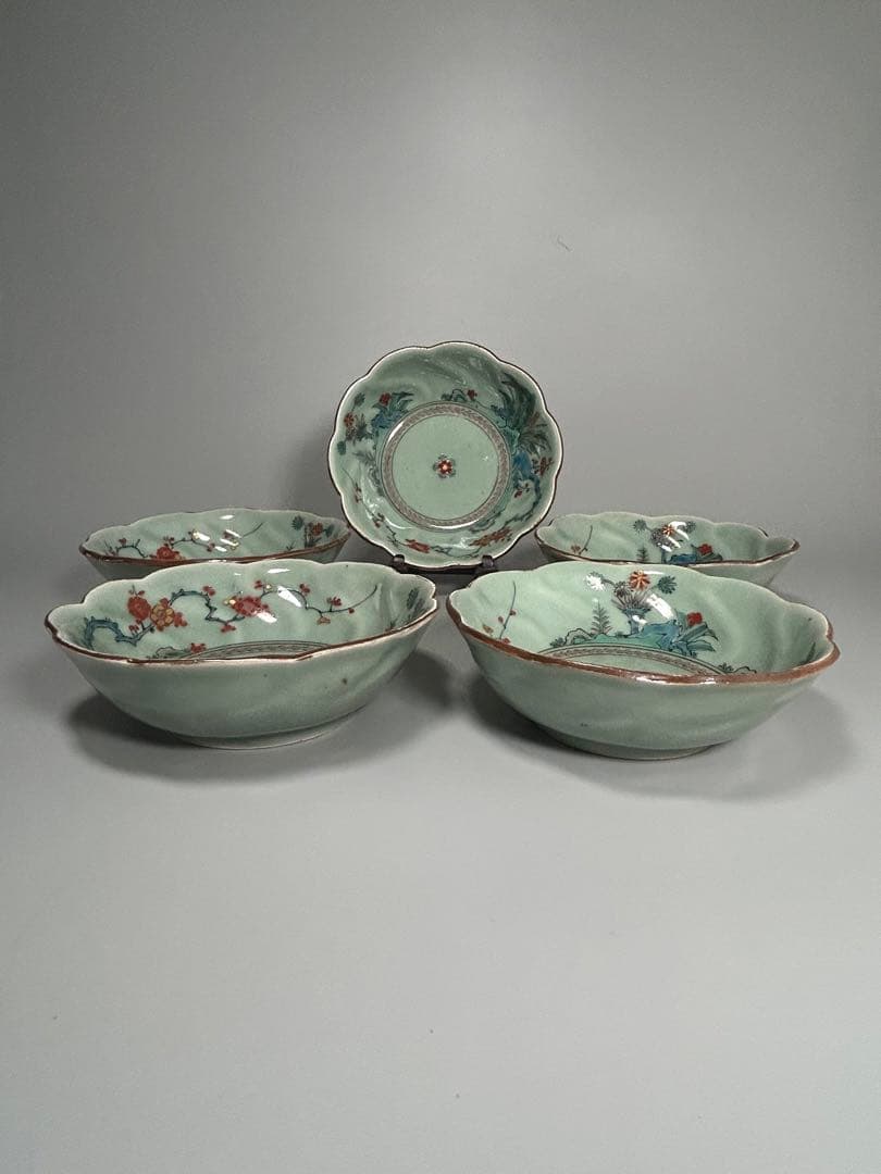 古伊万里　江戸青磁　柿右衛門手　青磁五弁花梅文様膾皿　五点　なます皿　菊　岩赤絵