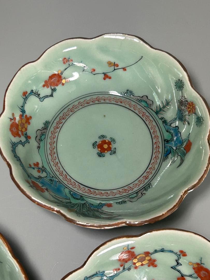 古伊万里　江戸青磁　柿右衛門手　青磁五弁花梅文様膾皿　五点　なます皿　菊　岩赤絵