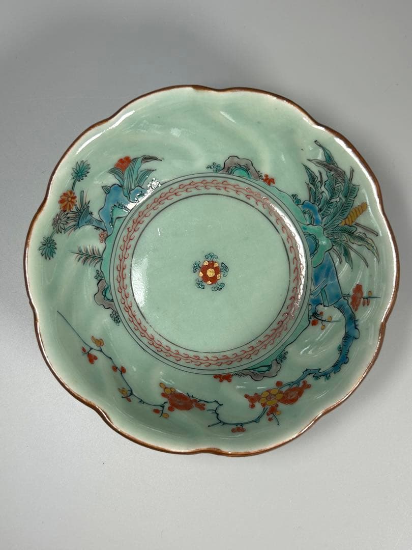 古伊万里　江戸青磁　柿右衛門手　青磁五弁花梅文様膾皿　五点　なます皿　菊　岩赤絵