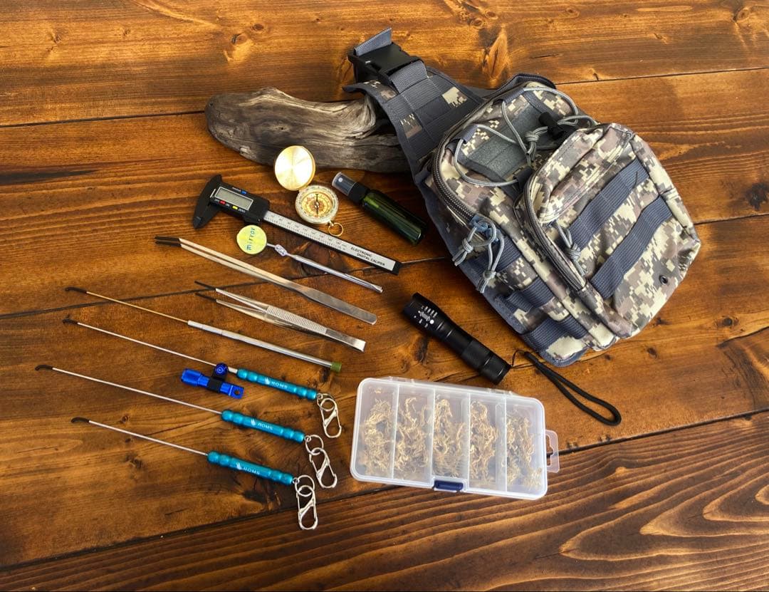 クワガタ採集セット　ブルー　オリジナル掻き出し棒　デジタルノギス　採集ケース