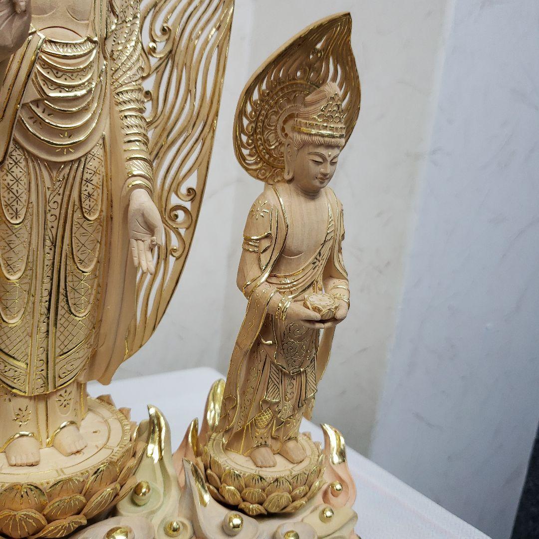 Ｂフライデー　仏像★伽耶材 阿弥陀如来三尊像6寸立★観音菩薩・勢至菩薩淡彩色錐金