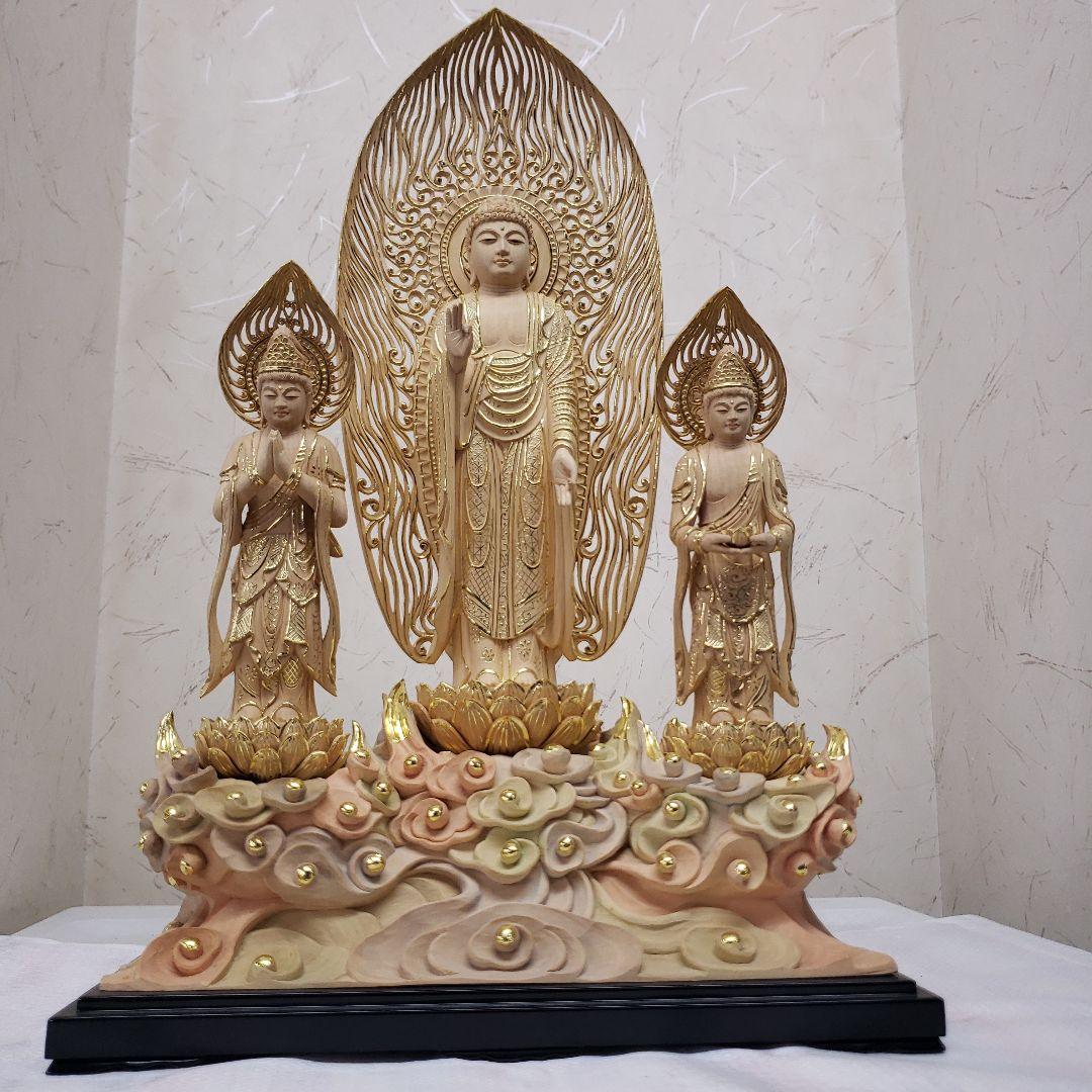 Ｂフライデー　仏像★伽耶材 阿弥陀如来三尊像6寸立★観音菩薩・勢至菩薩淡彩色錐金