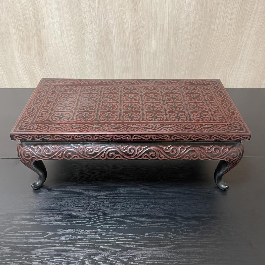 中国古玩 唐物 堆黒倶利彫紋大型平卓 宣徳年製 花台 中国美術 骨董古美術