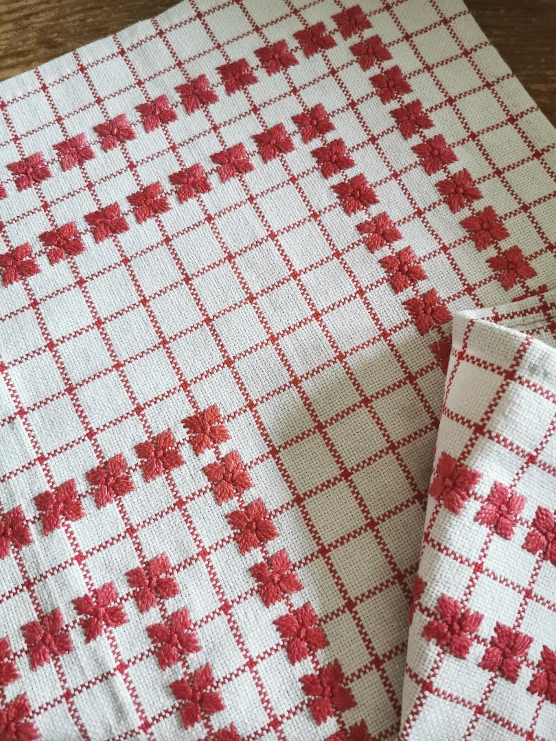 アンティーク フランス アルザス地方 赤糸花刺繍 チェック 大判リネンクロス