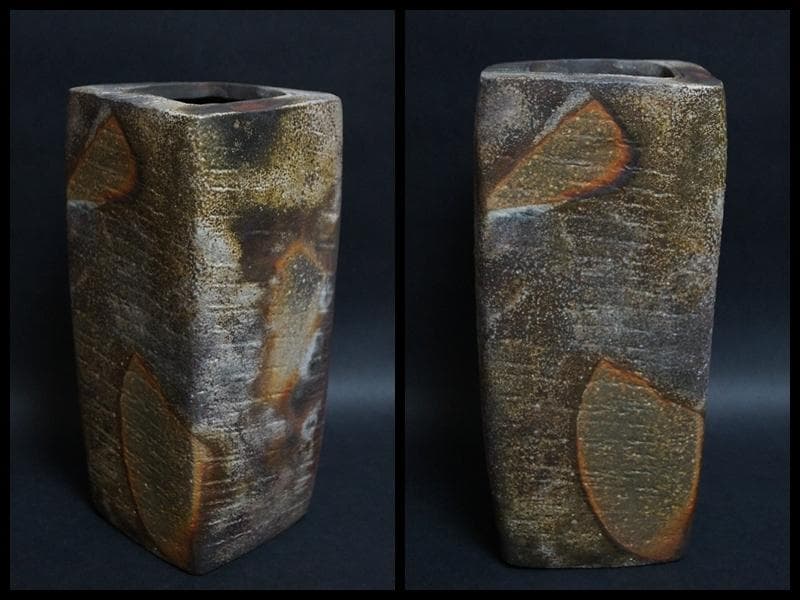 備前焼 小西陶古作 窯変大型角花器 面取飾り花瓶 共箱 高さ27.2㎝★美品★