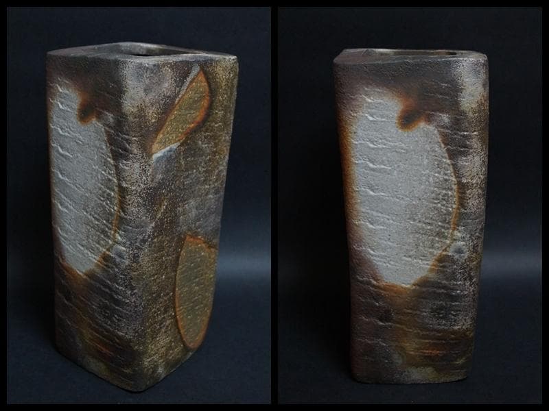 備前焼 小西陶古作 窯変大型角花器 面取飾り花瓶 共箱 高さ27.2㎝★美品★