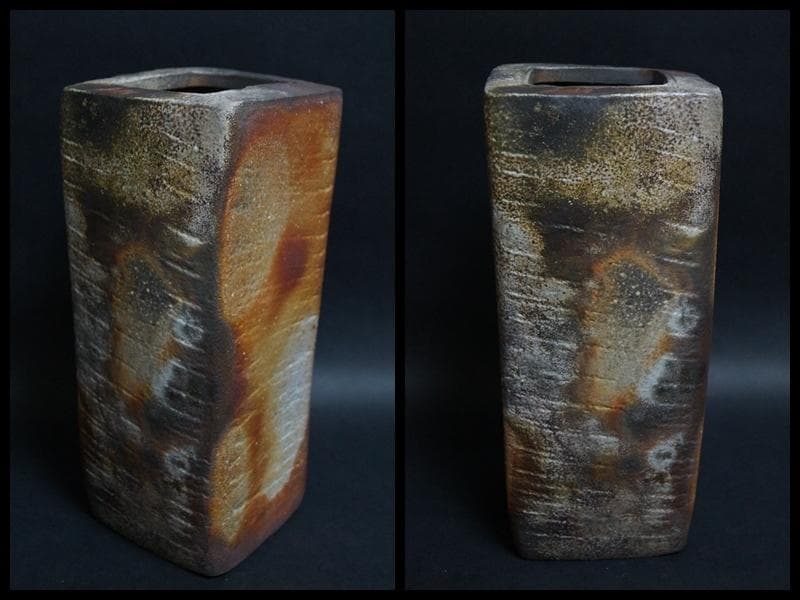 備前焼 小西陶古作 窯変大型角花器 面取飾り花瓶 共箱 高さ27.2㎝★美品★