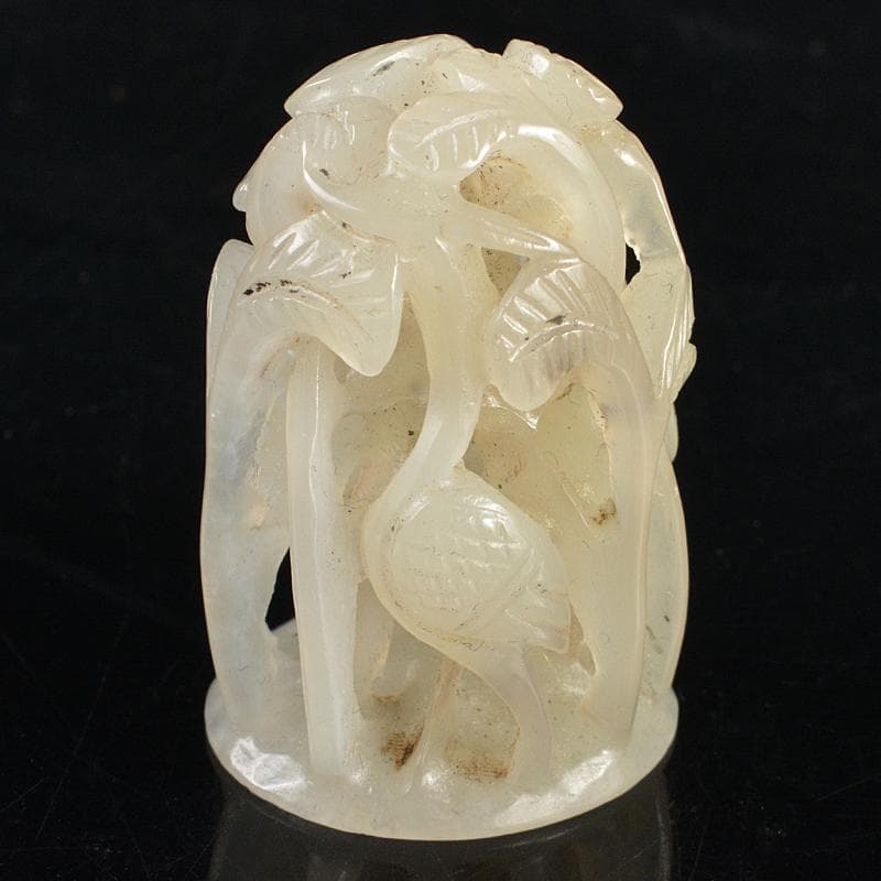 中国　玉石白玉彫刻　鳥木透かし彫　根付　置物　M 　R5978E