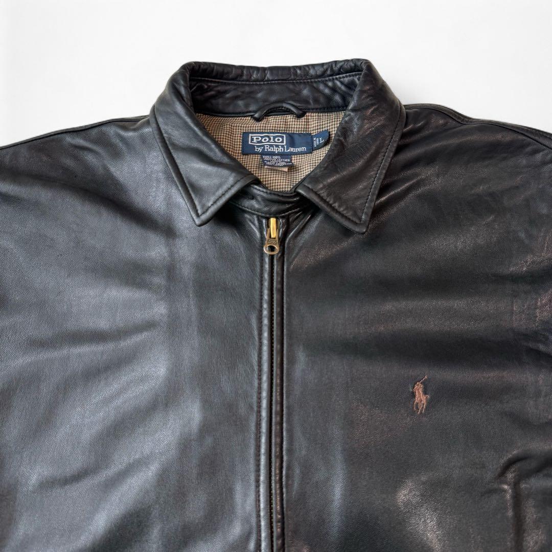 90s ラルフローレン 刺繍 羊革 襟付き ラムレザージャケット 黒 RRL