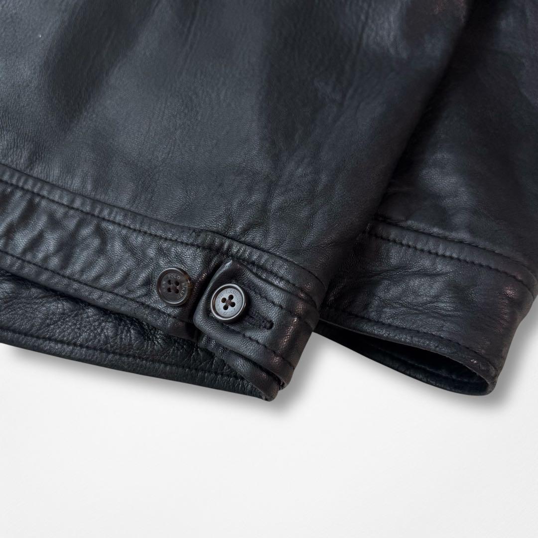 90s ラルフローレン 刺繍 羊革 襟付き ラムレザージャケット 黒 RRL