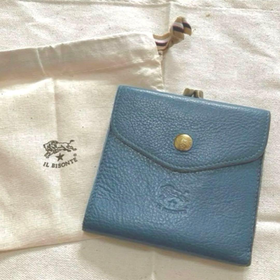 【美品】イルビゾンテ IL BISONTE 二つ折り財布 がま口 デニムブルー