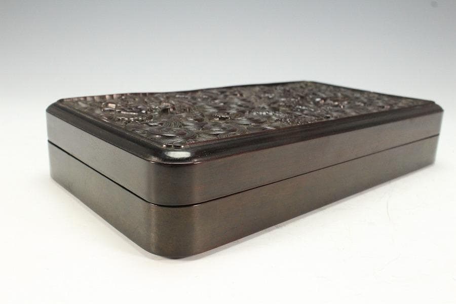 中国美術 紫檀 刻龍紋 四方蓋物(K-A834)