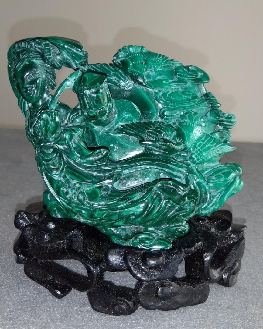 クジャク石【マラカイト】吉祥天女像台座 極細工 逸品 置物