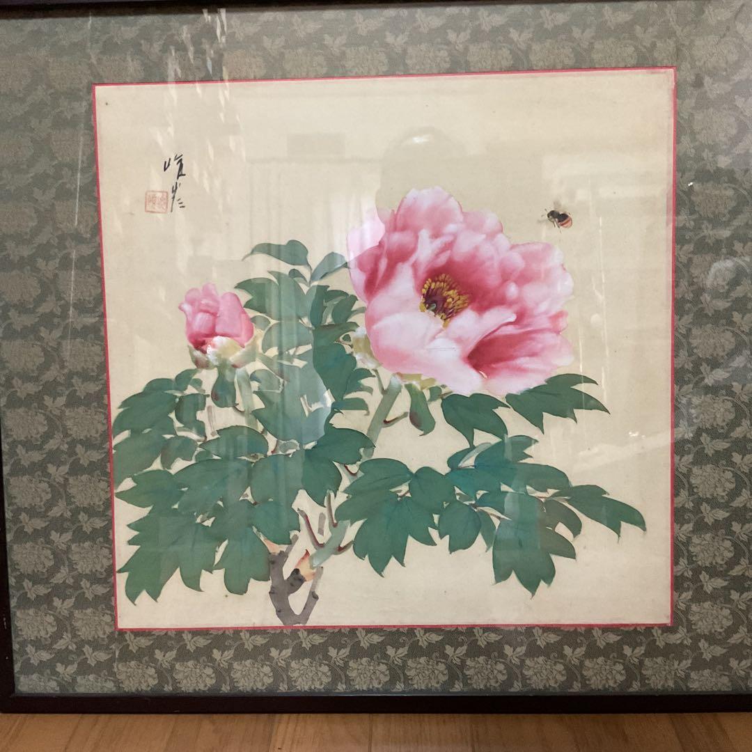 作者名不詳 絹本彩色画 花鳥図【 牡丹の花に蜂図 】 額装仕立て