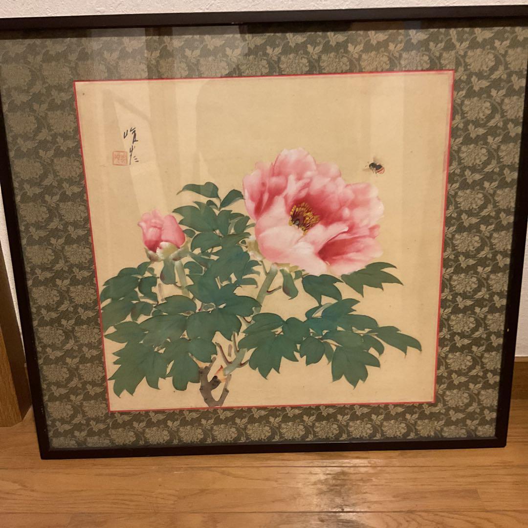 作者名不詳 絹本彩色画 花鳥図【 牡丹の花に蜂図 】 額装仕立て