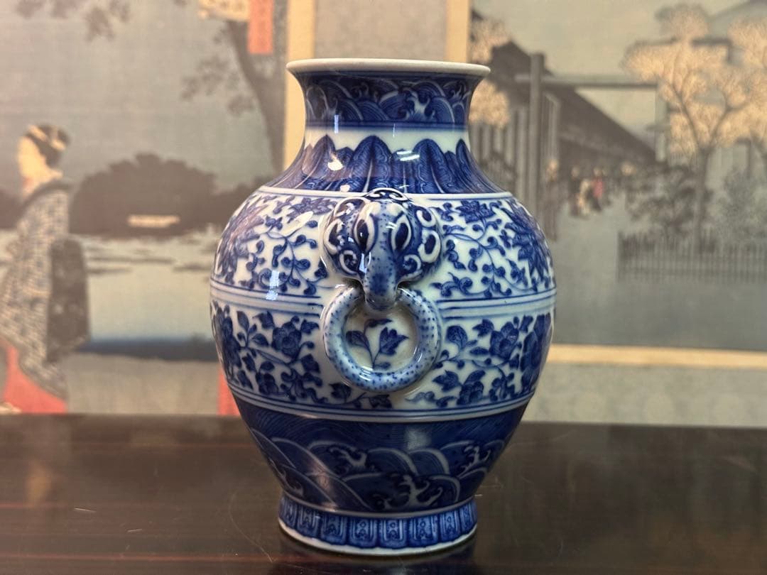 染付雙耳小壺 大清乾隆年製 清花瓶 箱付 中國古美術 高 15cm