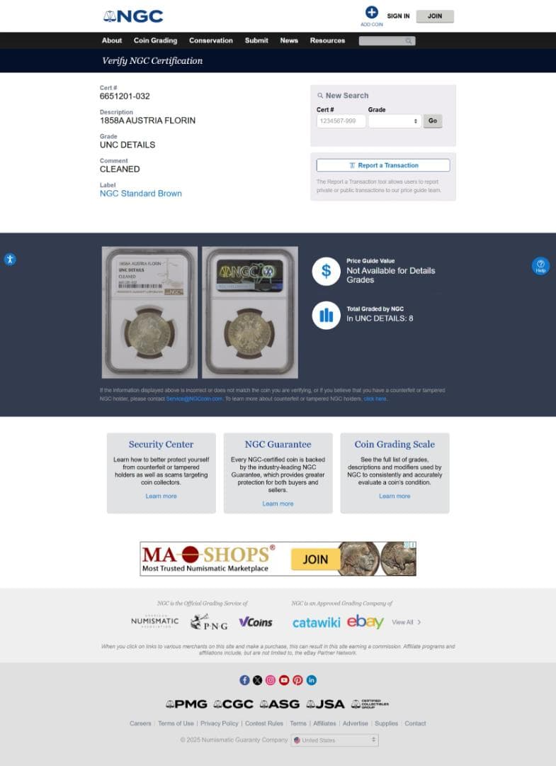 NGC-UNC 洗浄　オーストリア　1858A　フランツ・ヨーゼフ1世　月桂冠