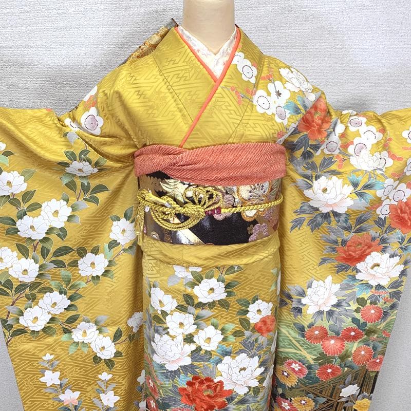 411z3〇高身長な方にも 振袖 地紋 金彩 刺繍 黄色〇美品 成人式 結婚式