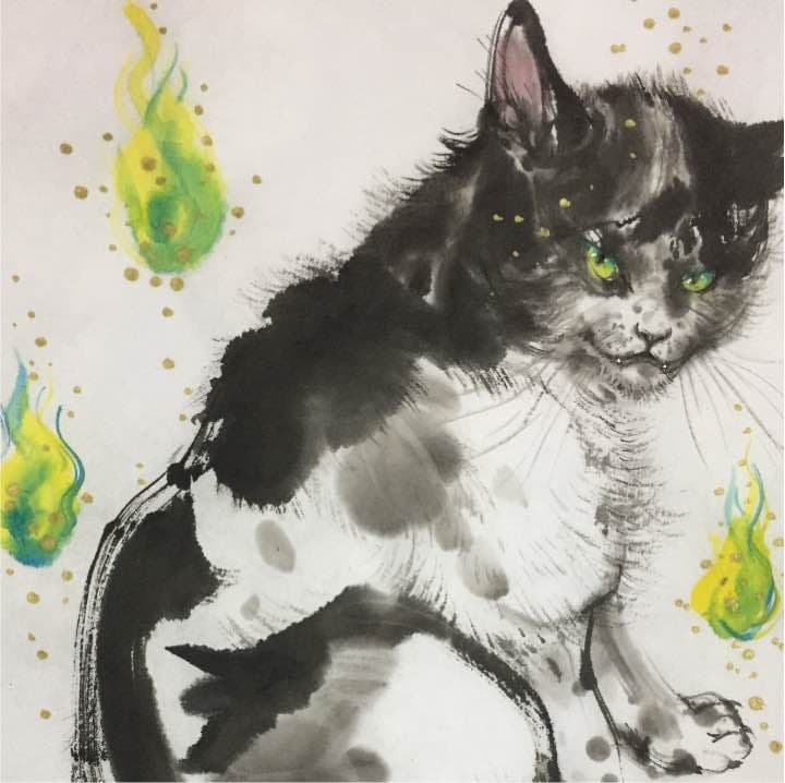 青い炎と猫、和紙34cm×24,8cm,墨