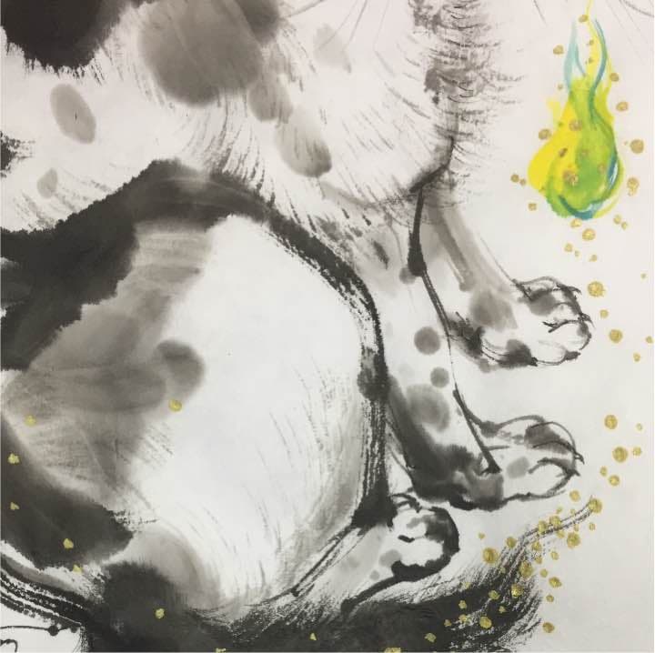 青い炎と猫、和紙34cm×24,8cm,墨