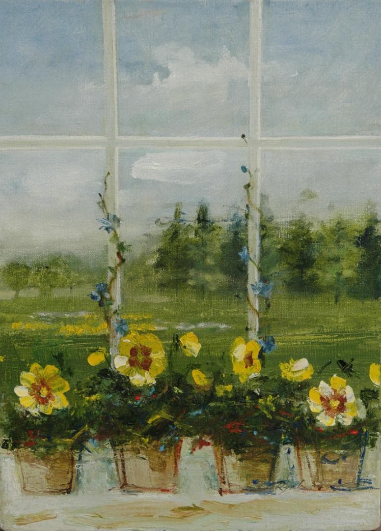 油絵 菅家令子 絵 絵画 インテリア 額付(銀) F4-070402 窓辺の花