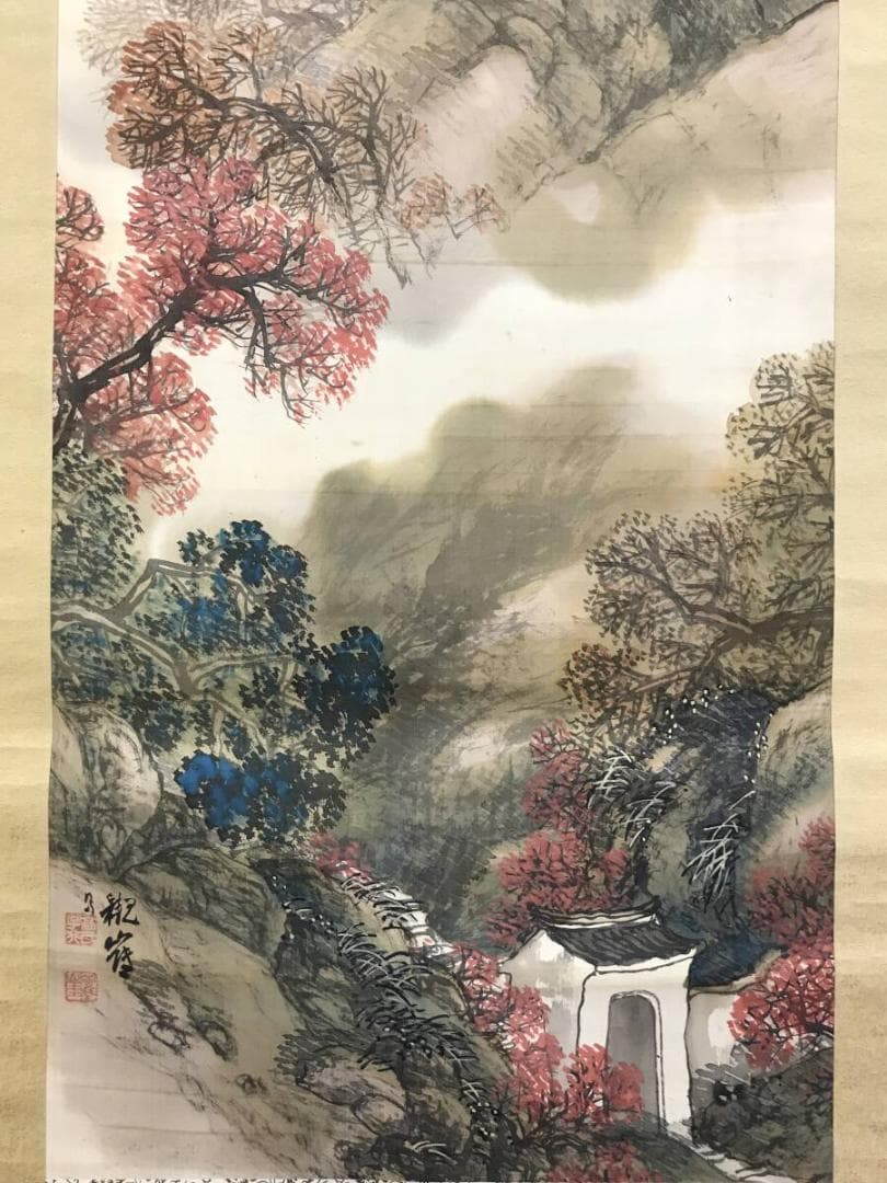 真作/高倉観崖/虎丘斜塔/雲岩寺塔/山水人物図/中国画/掛軸☆宝船☆AH-522