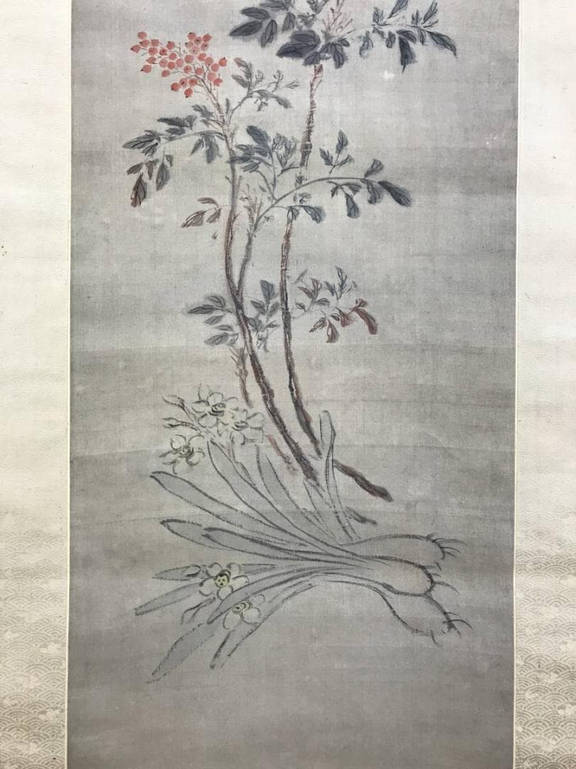 真作/貫名海屋/海客/南天水仙図/12月の花/掛軸/名家伝来/AE-3