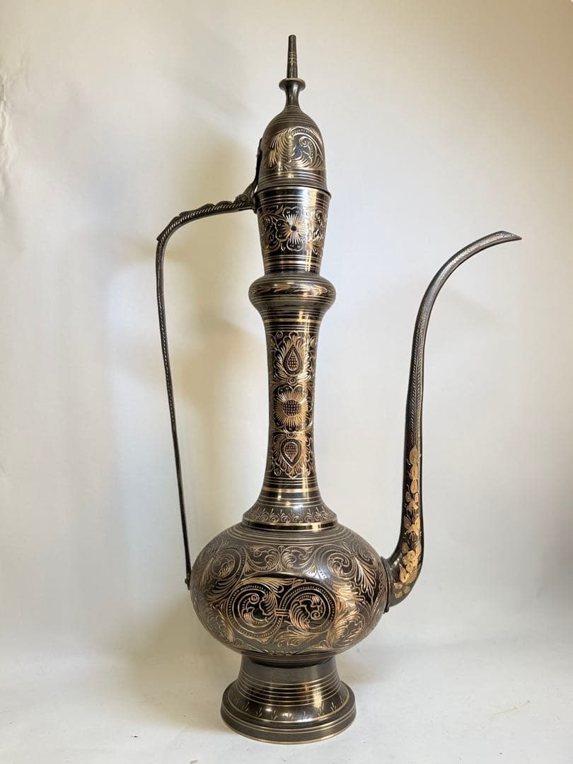 T71 中東 インド トルコ 真鍮製水差 象嵌細工 高さ61.5㎝ 茶道具