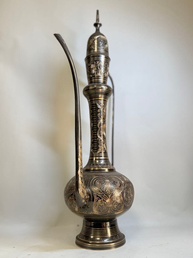 T71 中東 インド トルコ 真鍮製水差 象嵌細工 高さ61.5㎝ 茶道具
