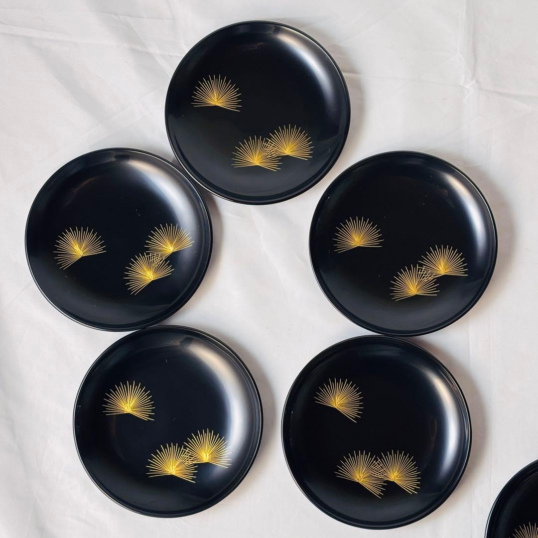 美品 輪島塗 銘々皿10客セット 共箱付 松金蒔絵 黒塗 漆器 和モダン