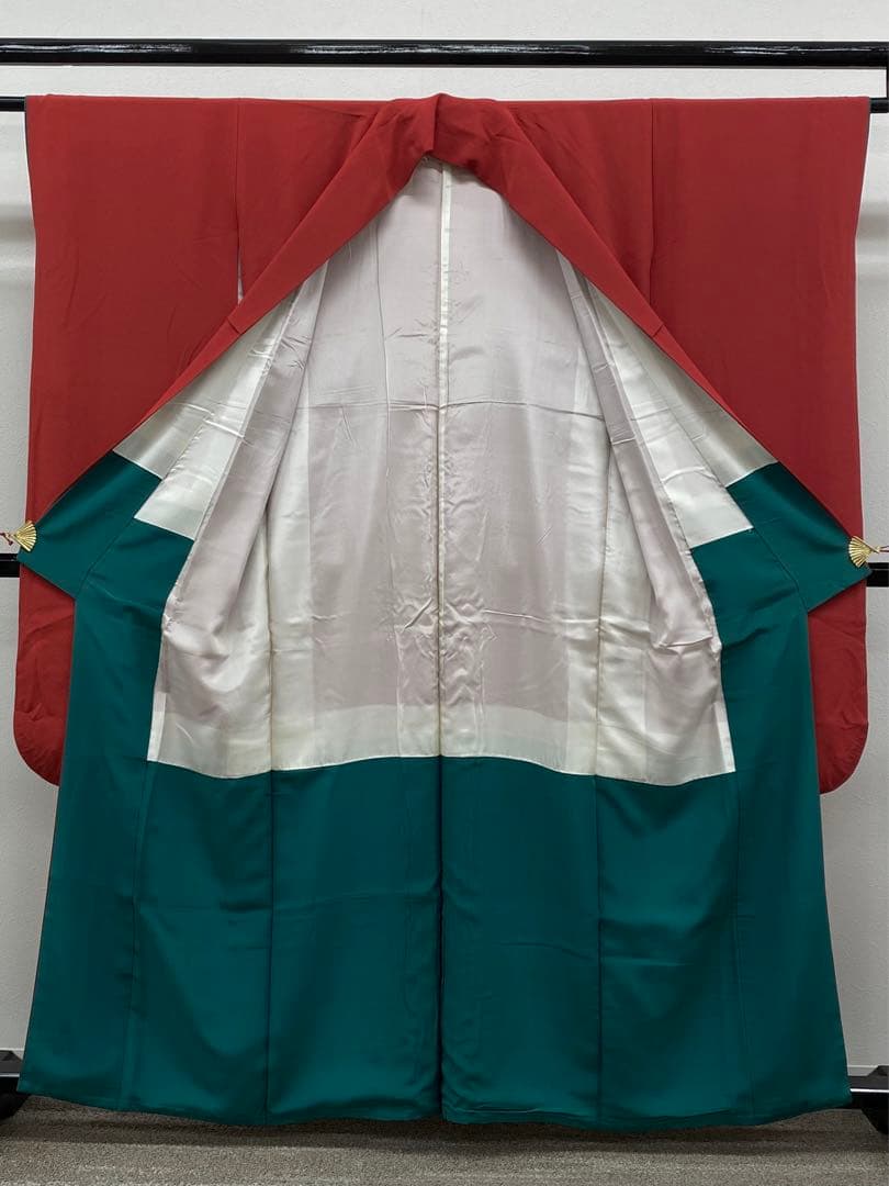 無地振袖 シンプル ちりめん 茜色系 身丈155cm