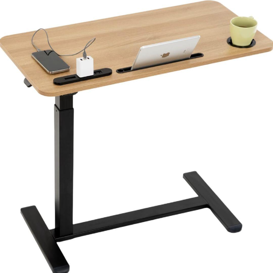 サイドテーブル昇降式 ガス圧昇降ベッドテーブル PCテーブル (木の色)