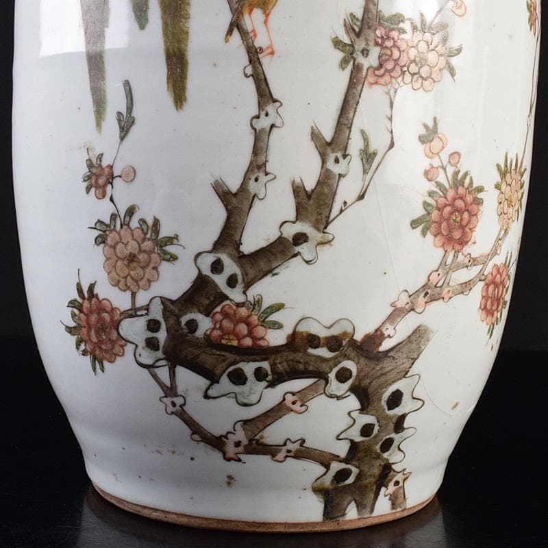 中国　粉彩花鳥文　双耳瓶　高さ約41cm　V　R7643F