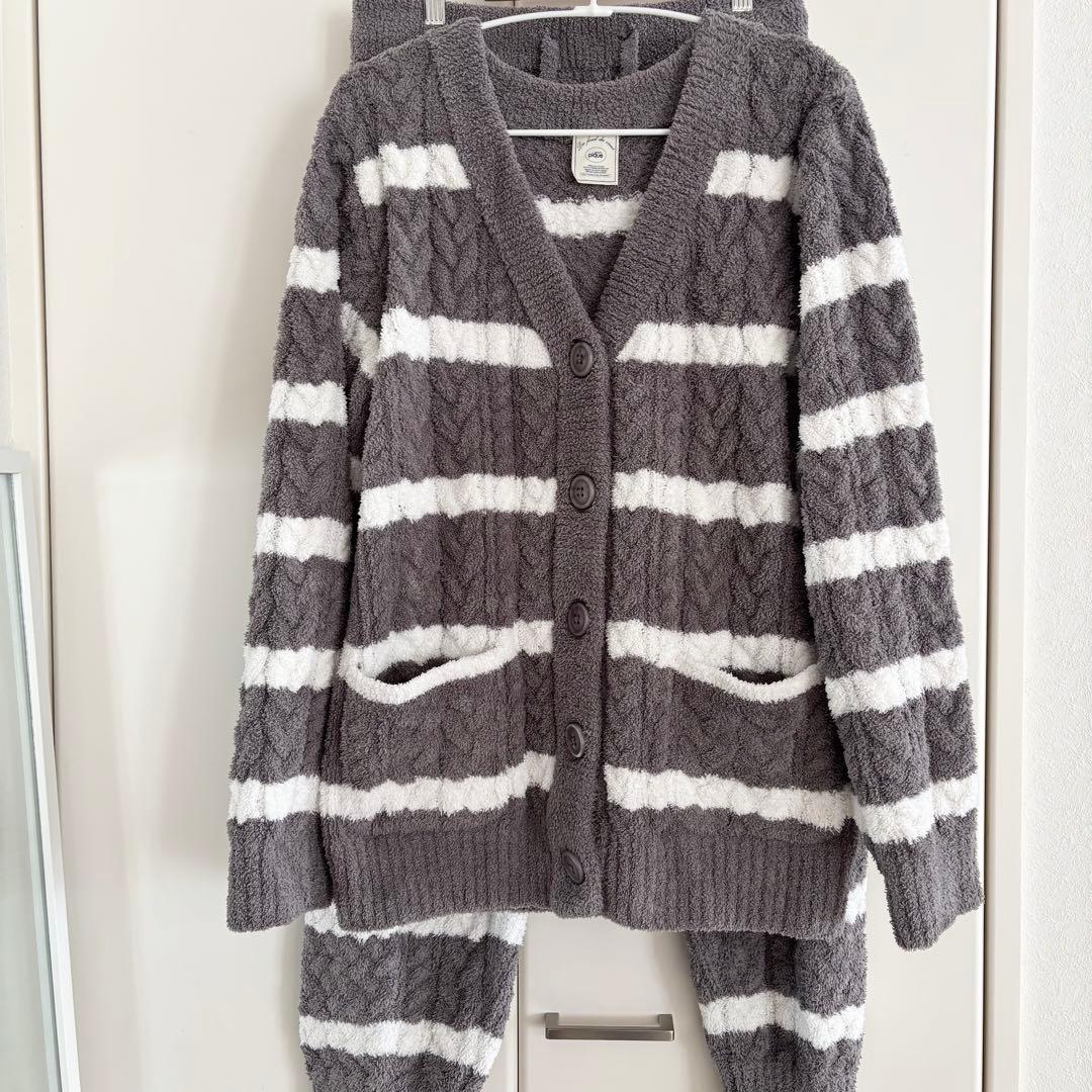 ジェラートピケ　ボーダーアラン　カーディガン　ロングパンツセット（GRY）