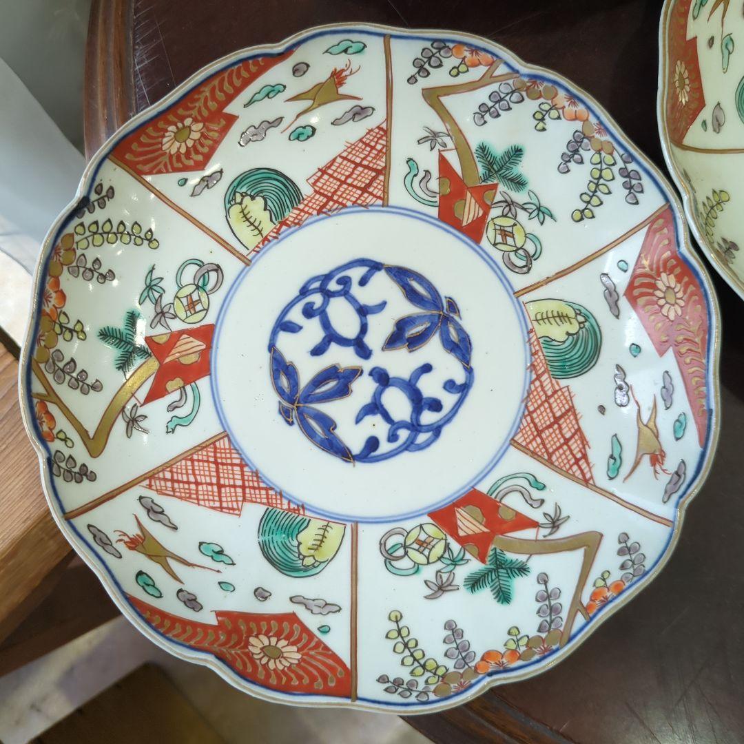 骨董 古伊万里 七寸皿 22cm 色絵 中皿 陶器 皿 金彩 アンティーク ５枚