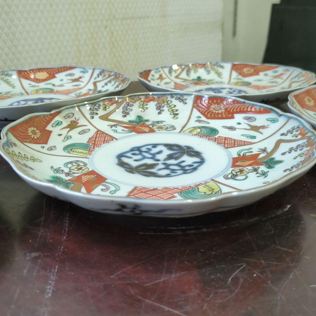 骨董 古伊万里 七寸皿 22cm 色絵 中皿 陶器 皿 金彩 アンティーク ５枚