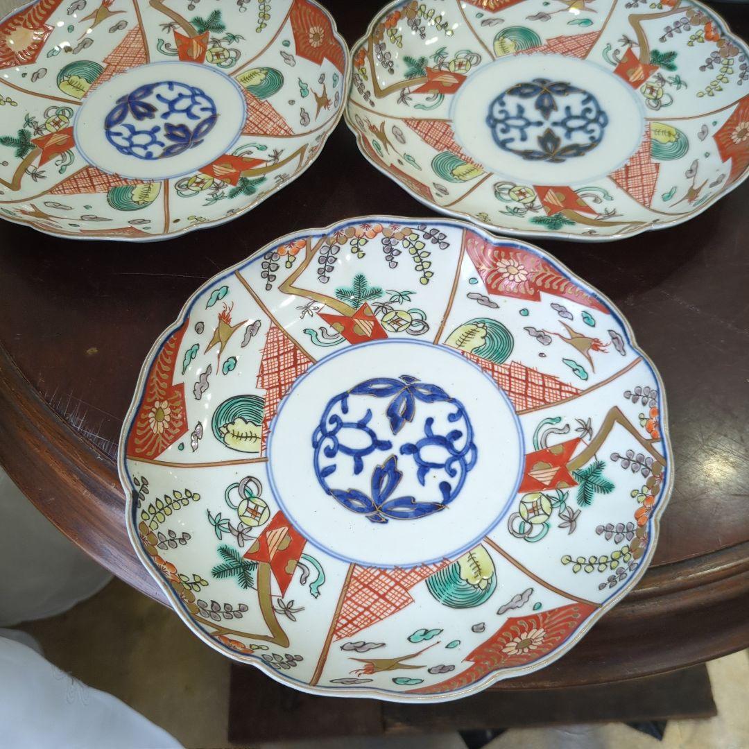 骨董 古伊万里 七寸皿 22cm 色絵 中皿 陶器 皿 金彩 アンティーク ５枚