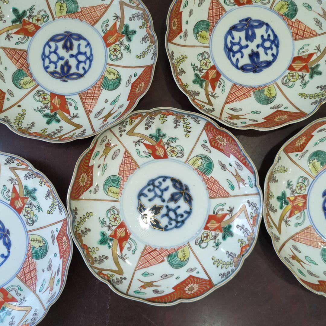 骨董 古伊万里 七寸皿 22cm 色絵 中皿 陶器 皿 金彩 アンティーク ５枚