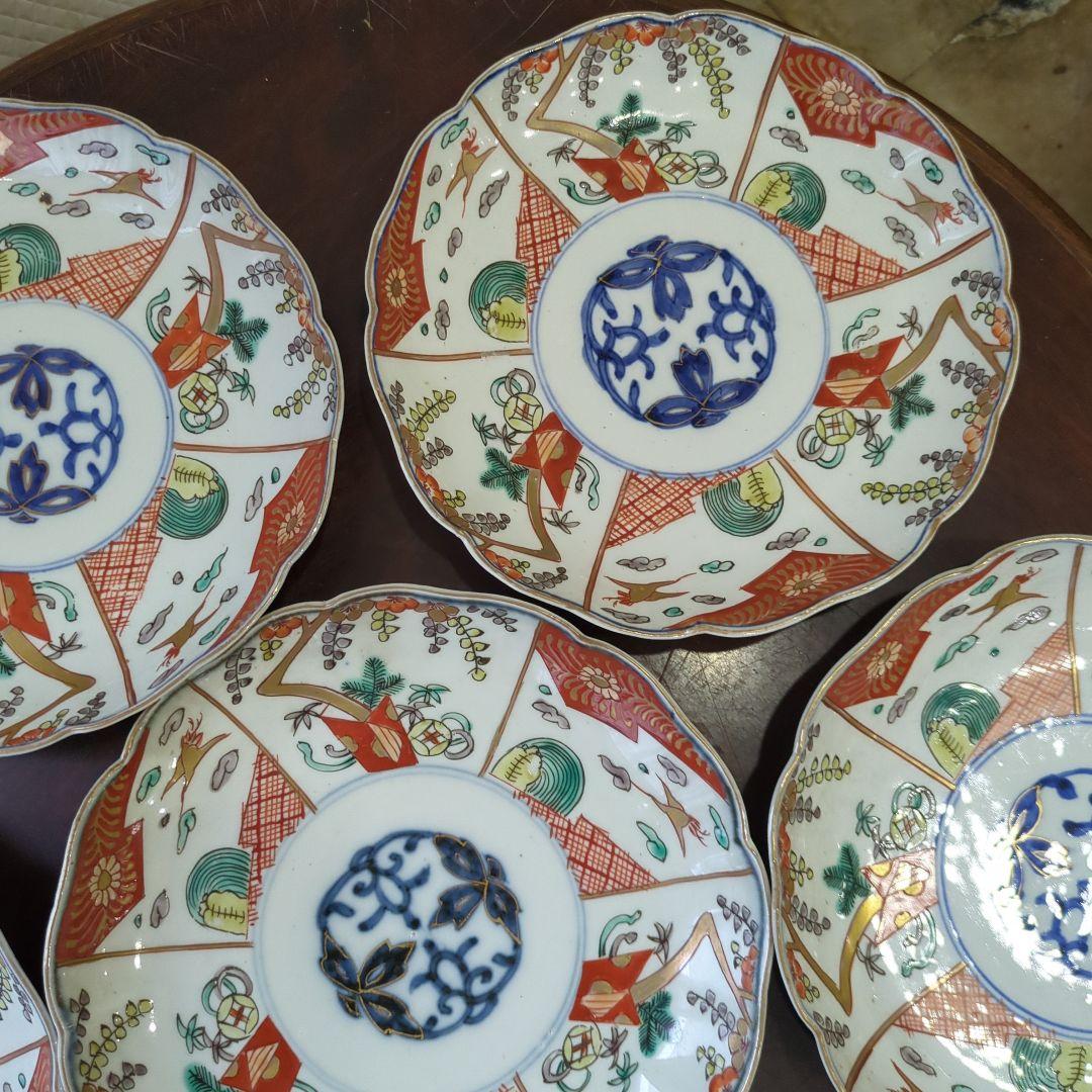 骨董 古伊万里 七寸皿 22cm 色絵 中皿 陶器 皿 金彩 アンティーク ５枚