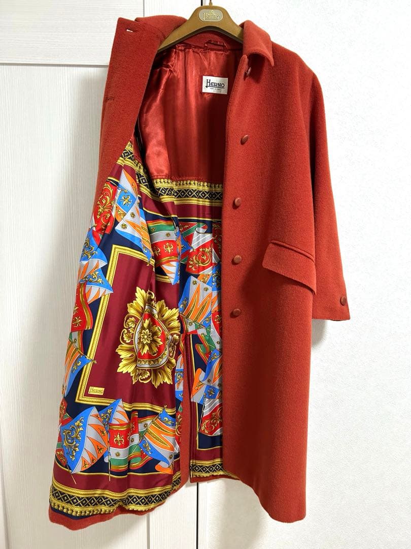 美品イタリア製HERNOヘルノベルト付き裏地プリントロングコート42 モヘアラマ