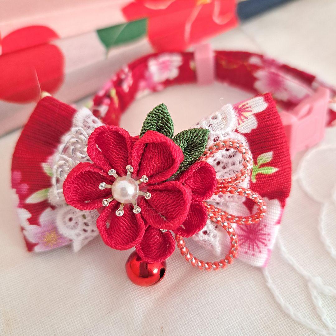 つまみ細工シングルリボン(赤)わんちゃん猫ちゃん用首輪