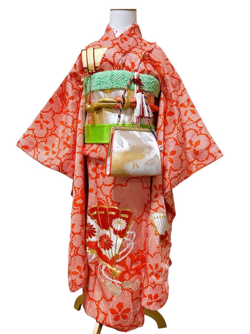 お買い得品♡七五三　7歳　女の子　フルセット　一式　鹿の子柄　朱色　オレンジ