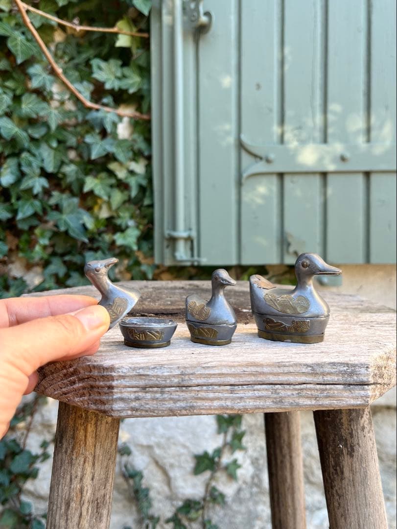 ◆フランスアンティーク｜ピューター製アヒル小物入れセット手作り小鳥錫ミニオブジェ
