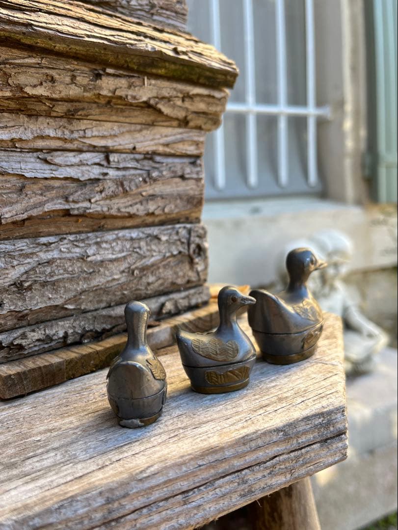 ◆フランスアンティーク｜ピューター製アヒル小物入れセット手作り小鳥錫ミニオブジェ