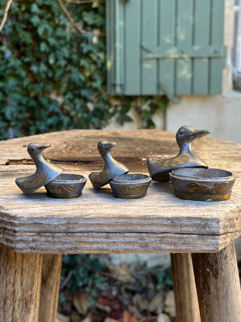 ◆フランスアンティーク｜ピューター製アヒル小物入れセット手作り小鳥錫ミニオブジェ