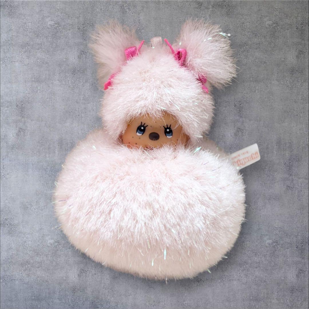 希少　モンチッチ 雪だるま リボンラメピンク ぬいぐるみキーホルダー ストラップ